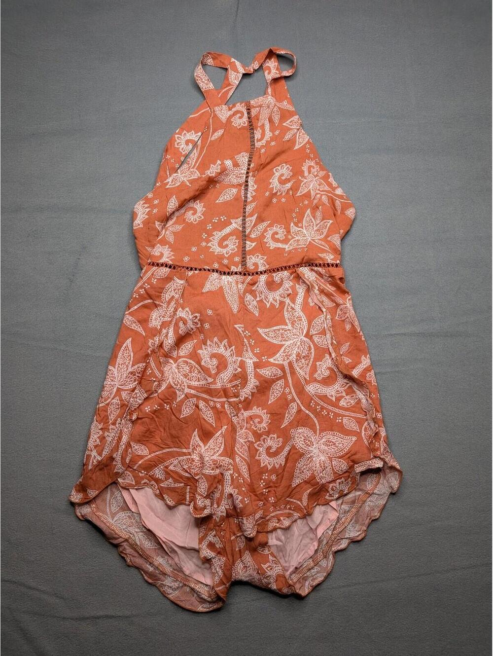 NLW Romper Womens L Orange Floral Halter Lace Trim Lined Open Back Summer Boho